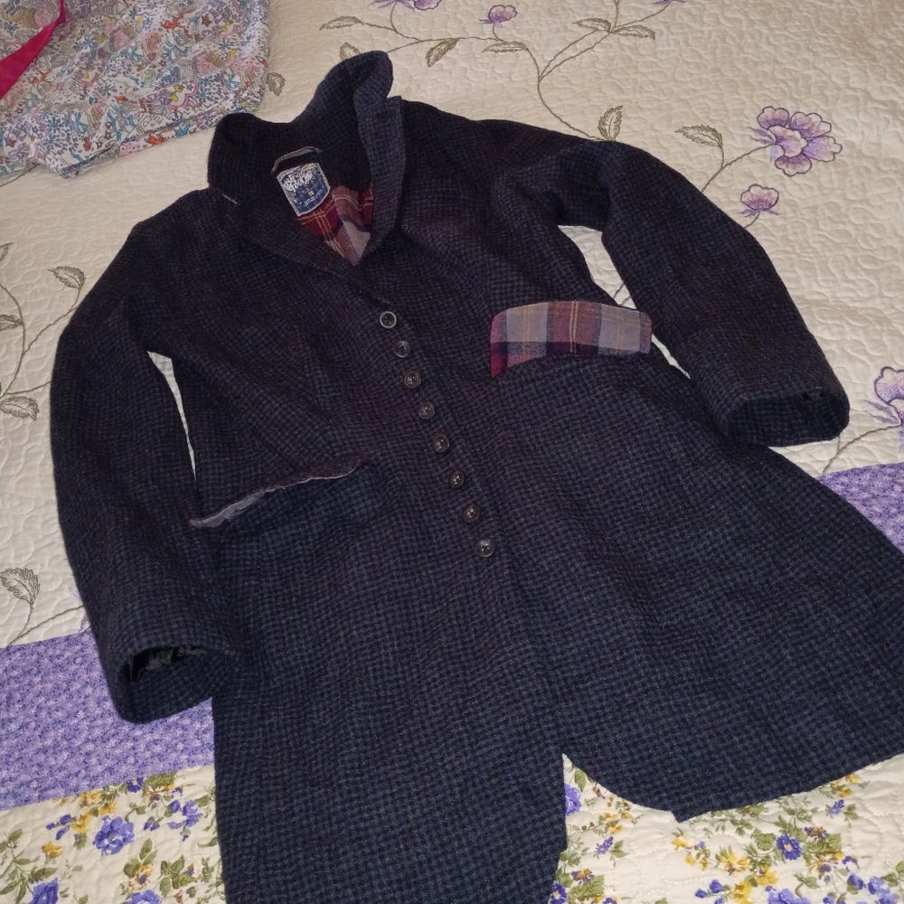 Vintage Y2K Free People Retro Boho Long Jacket Coat 10 M Plaid Trench Preppy FP